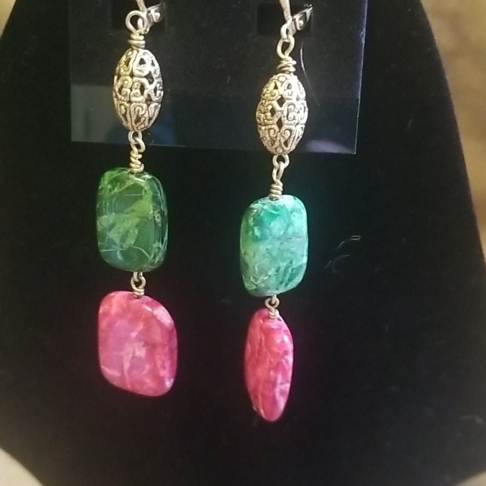 Gold Filigree Earrings with Pink/Green Stone